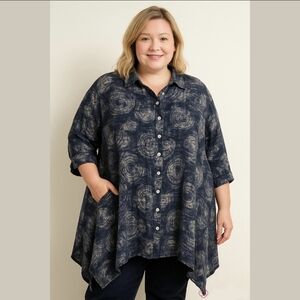 Belma New York Vintage 90s Blue White Spiral Button Tunic Top One Size Plus